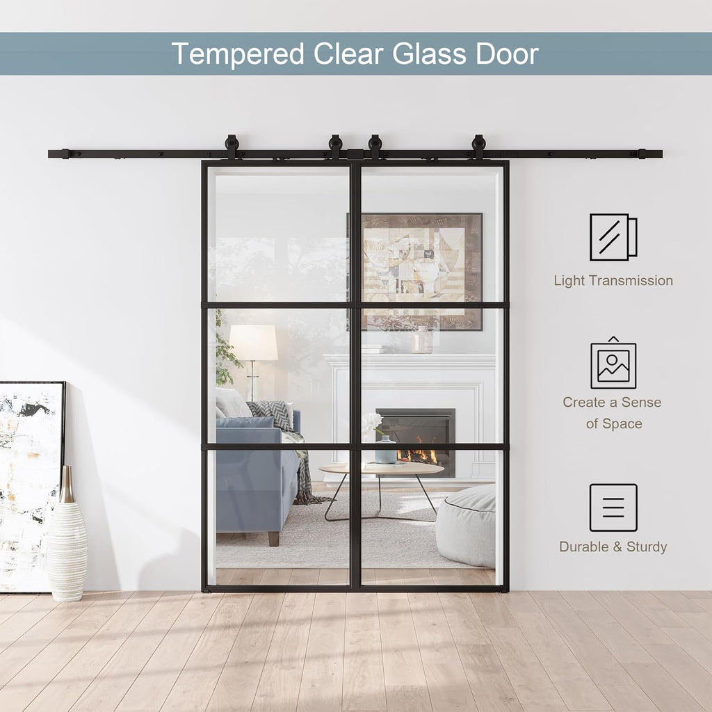 76 x 84 in Metal and Glass Sliding Double Barn Door with Installation Hardware Kit (Soft-Close Inclu