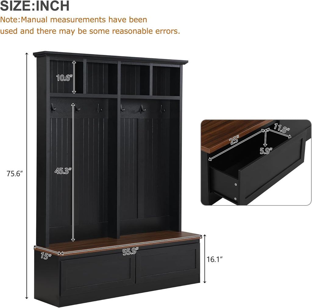Farmhouse Entryway Hall Tree with Bench, Mudroom Coat Rack with 2 Large Drawer and Open Shelf, 4-in-1 Hallyway Shoe