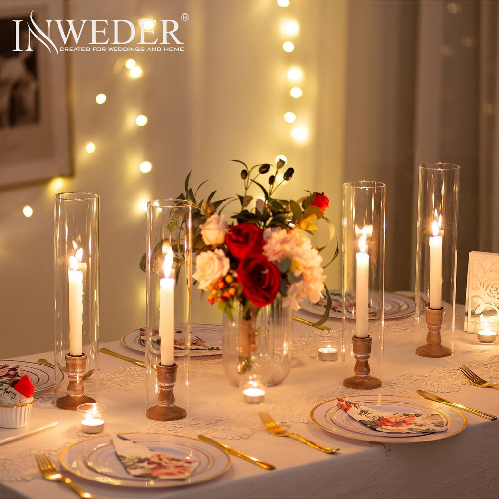 Rustic Wood Candlestick Holders: 6 Pcs Wooden Candle Holders for Taper Candles, with Glass Cover for Wedding Event