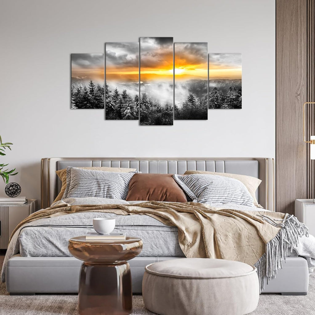 5 Panels Fog Mountain Canvas Wall Art Sunrise Misty Forest Print Picture Paintings Black and White Nature Artwork