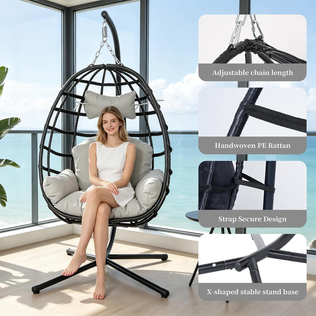 Hanging Egg Chair with Stand, Indoor Outdoor Rattan Wicker Egg Swing Chair with Cushion, Patio Hammock Chair for