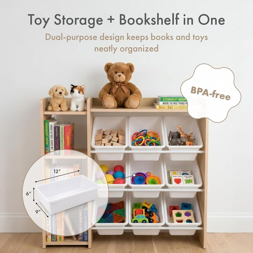 Kids Toy Storage Organizer with Bookshelf, 9 Bins, Solid Wood | Built in side bookshelf, removable bins, solid