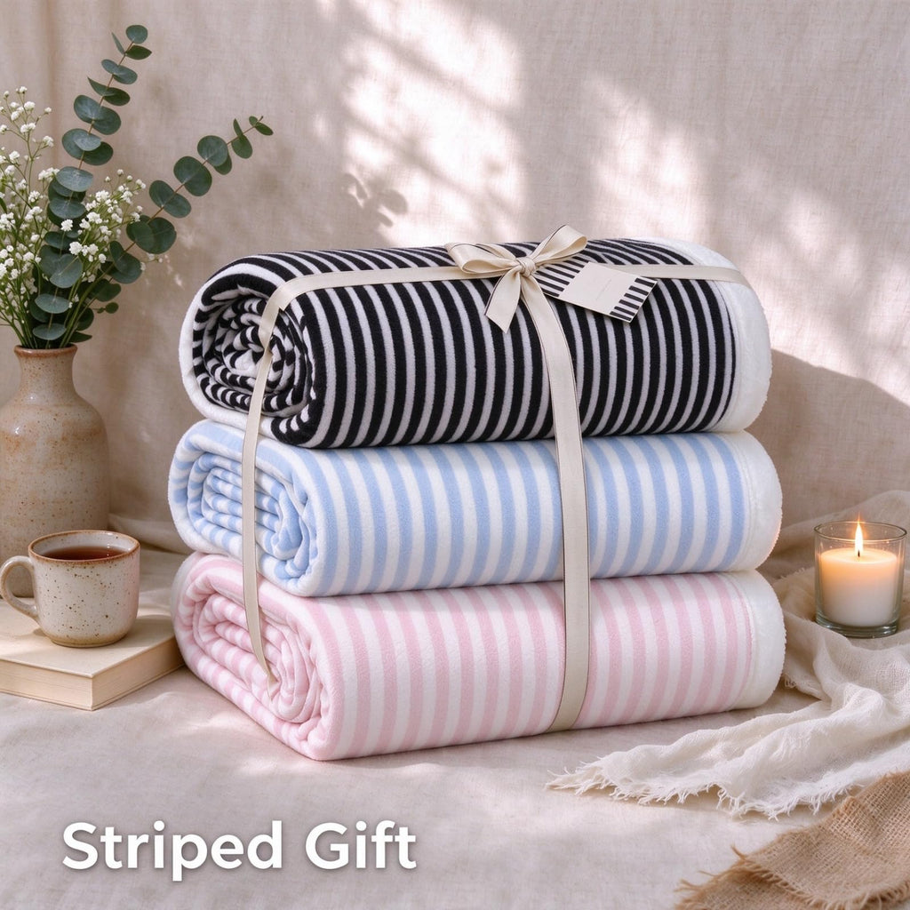 Blue White Stripe Fleece Blanket Throw 50x60 Geometric Ticking Stripes Sherpa Blanket | Farmhouse Vertical Stripes