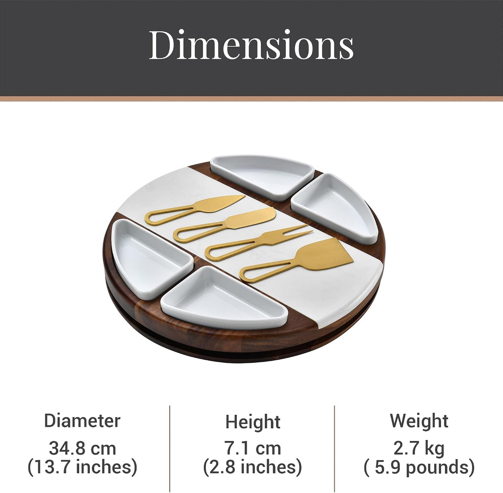 Upgraded Lazy Susan Cheese Cutting Board Set - Round Acacia Charcuterie Board with 4 Ceramic Bowls - Wedding Gifts