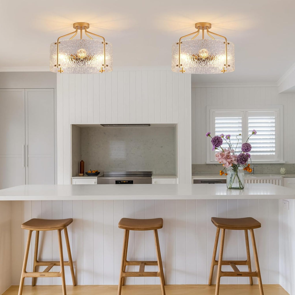 Semi Flush Mount Ceiling Light Fixture,Glass Drum Kitchen Lighting Fixtures Ceiling,18''Gold Modern Light Fixture