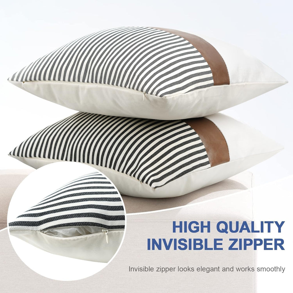 20x20 Pillow Covers Set of 2 Farmhouse Decor Stripe Patchwork Linen Throw Pillow Covers Modern Faux Leather Covers, Gray