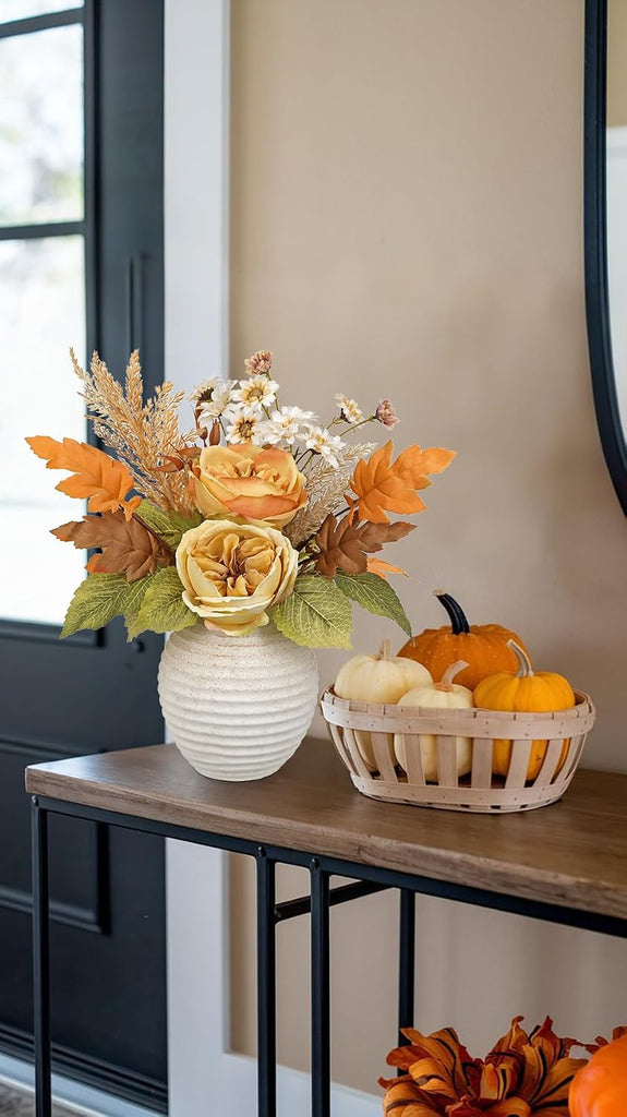 Artificial Fall Floral Centerpiece with Vase, Fake Flowers for Autumn Table Decorations, Silk Rose & Maple Leaves