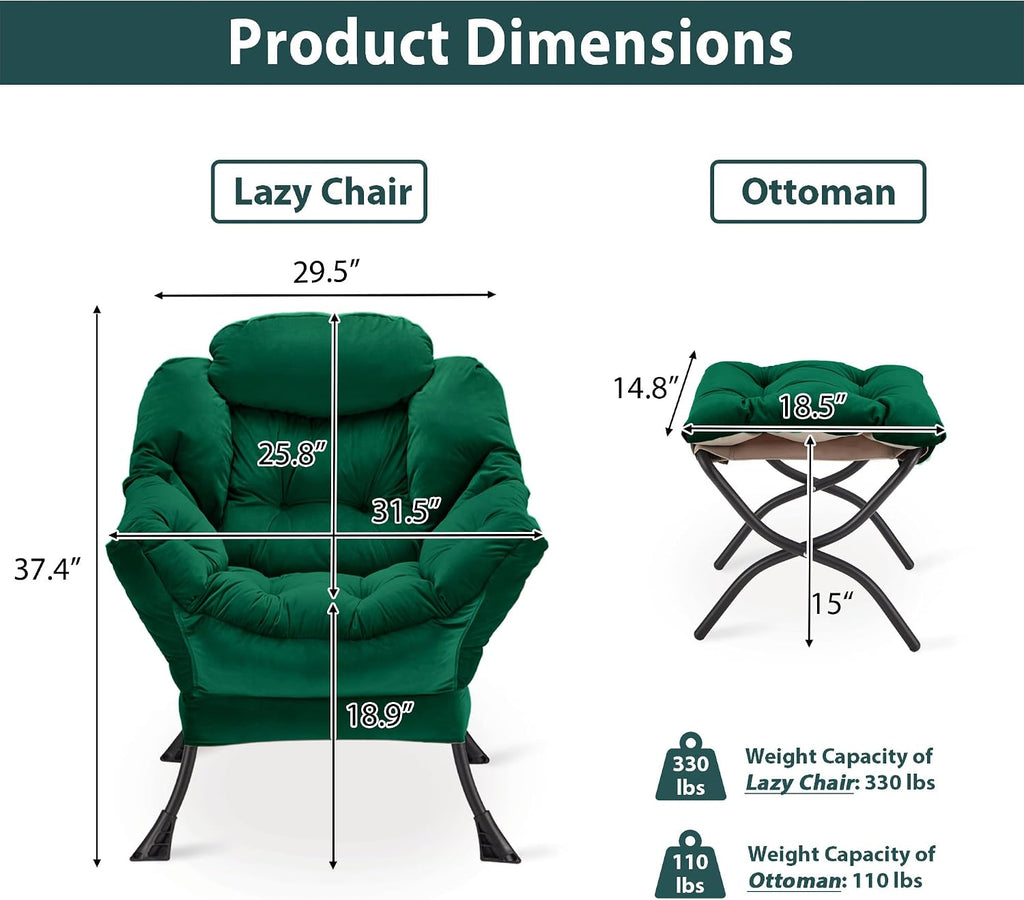 Lazy Chair with Folding Ottoman, Accent Chair Velvet Upholstered with Metal Structure and Non-Slip Pads, Sofa