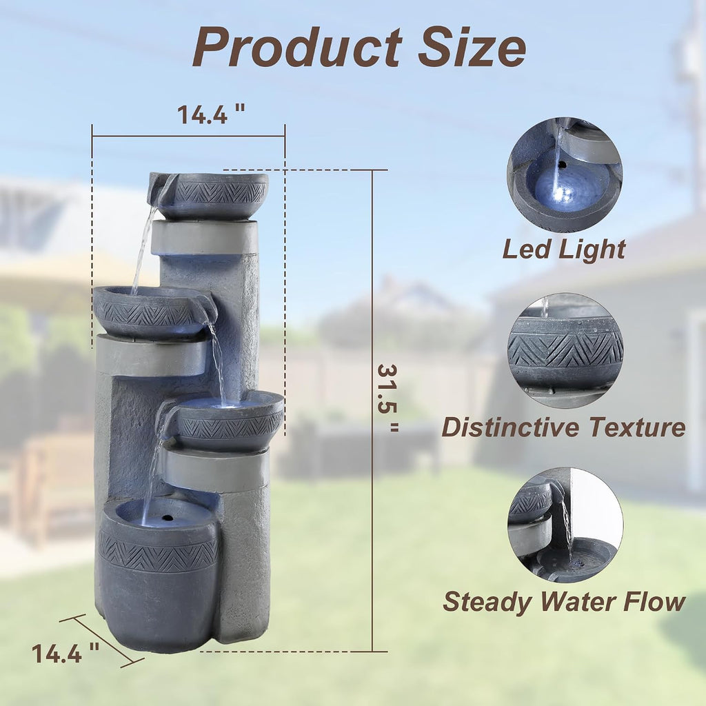 28" Outdoor Water Fountain with Led Lights, 4-Tiered Owl & Calla Lil Water Fountain, Outdoor Garden Waterfall Decor