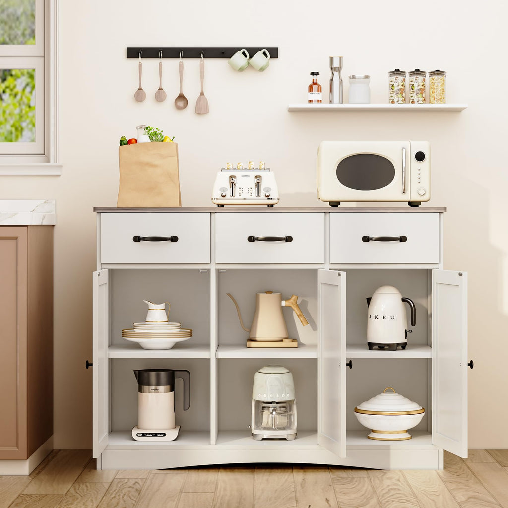 Farmhouse Sideboard Buffet Cabinet with 3 Drawers & Barn Doors
