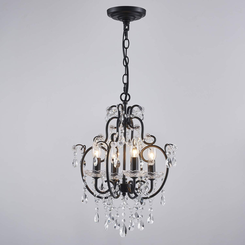4-Lights Crystal Chandelier with K9 Crystals, Black Farmhouse Style Pendant Light Fixture, H17 x D12, Chain Adjustable