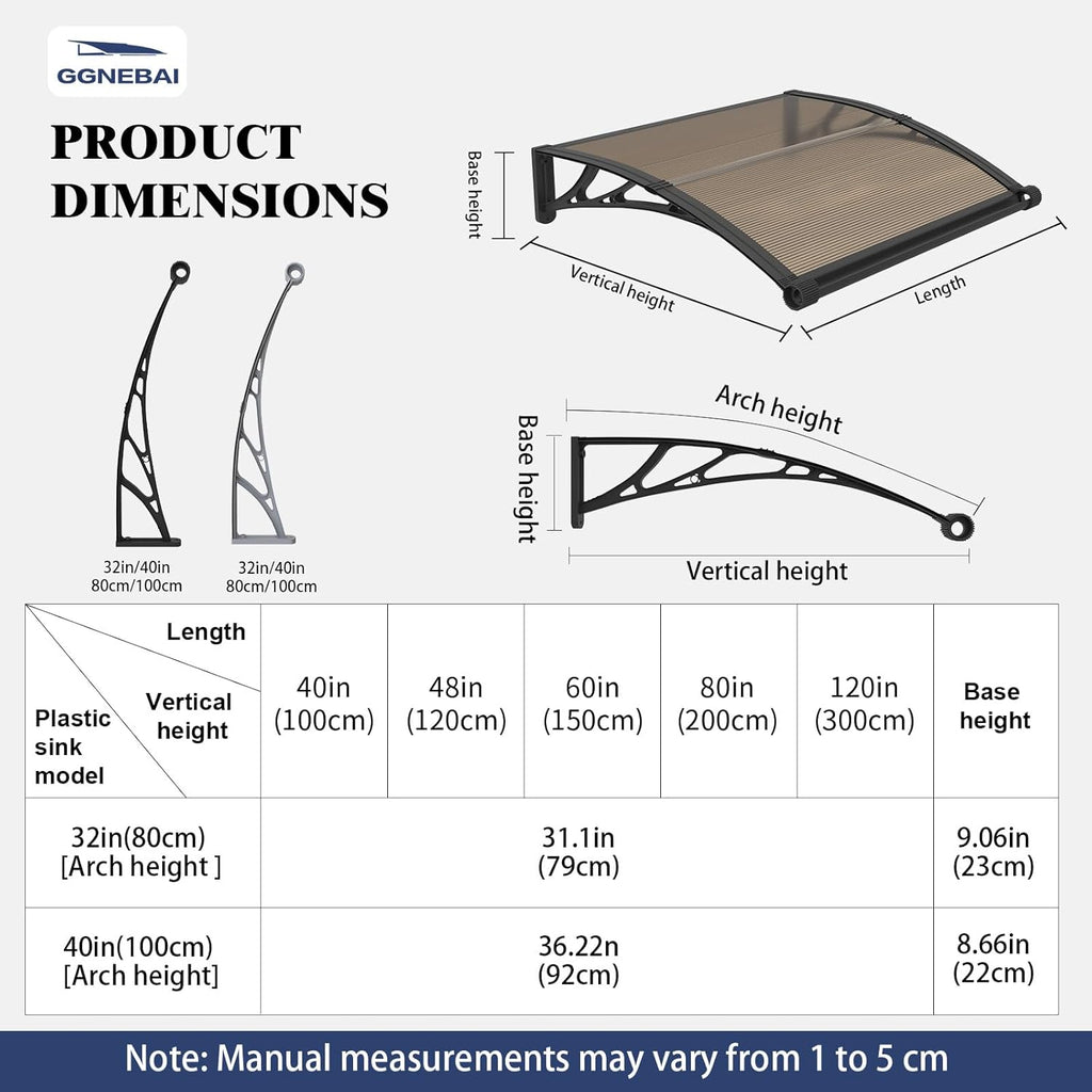 Door Awning 40x60 with Drainage Sink, Leak-Proof Awnings for Doors Exterior, Polycarbonate Front Door Awning for Rain