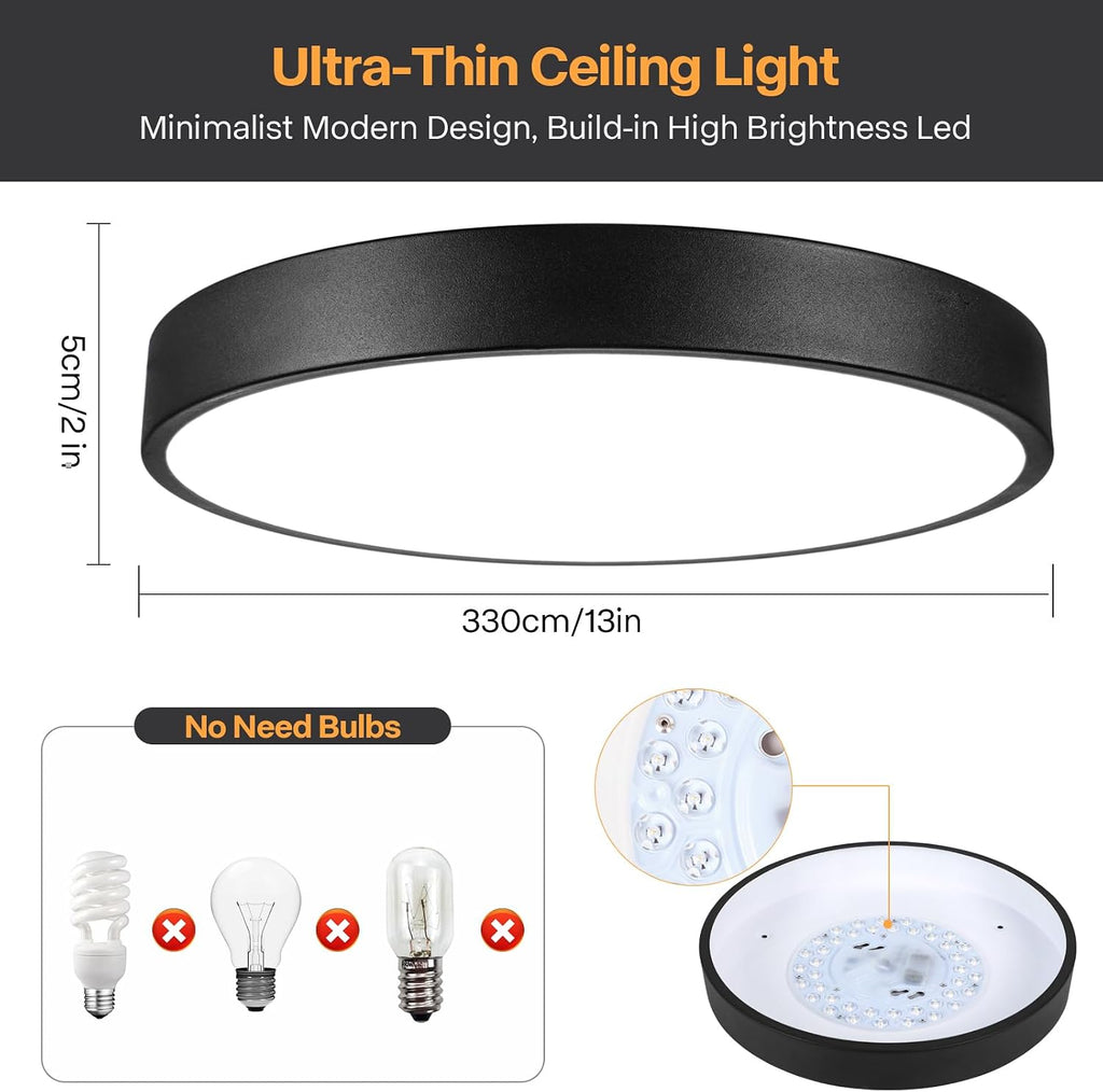 Matte Black Flush Mount Ceiling Light, 3000-5000K 13inch Modern Bedroom Lighting Fixtures Ceiling Mount, Dimmable