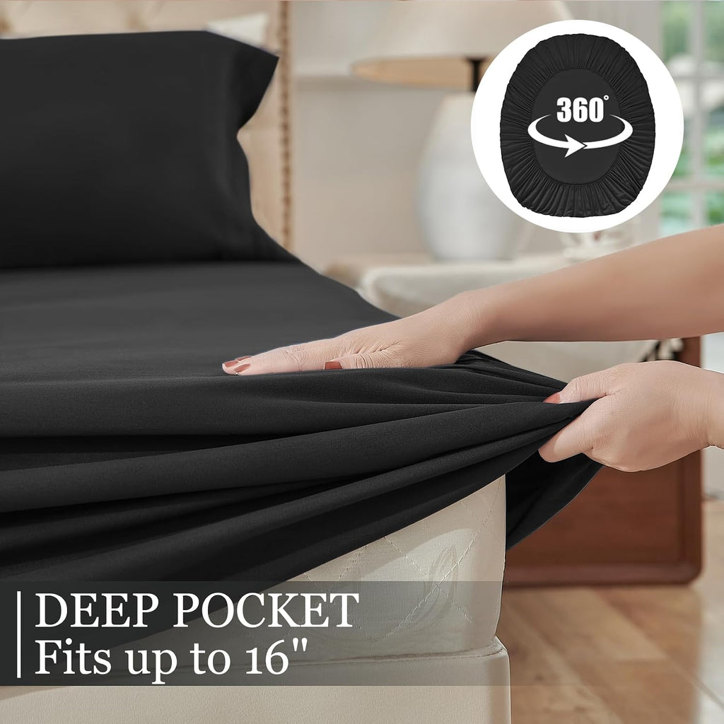 Full Bed Sheets Set, Black Cooling Hypoallergenic Microfiber Double Bed Sheets, Soft Oeko-Tex Extra Deep Pocket