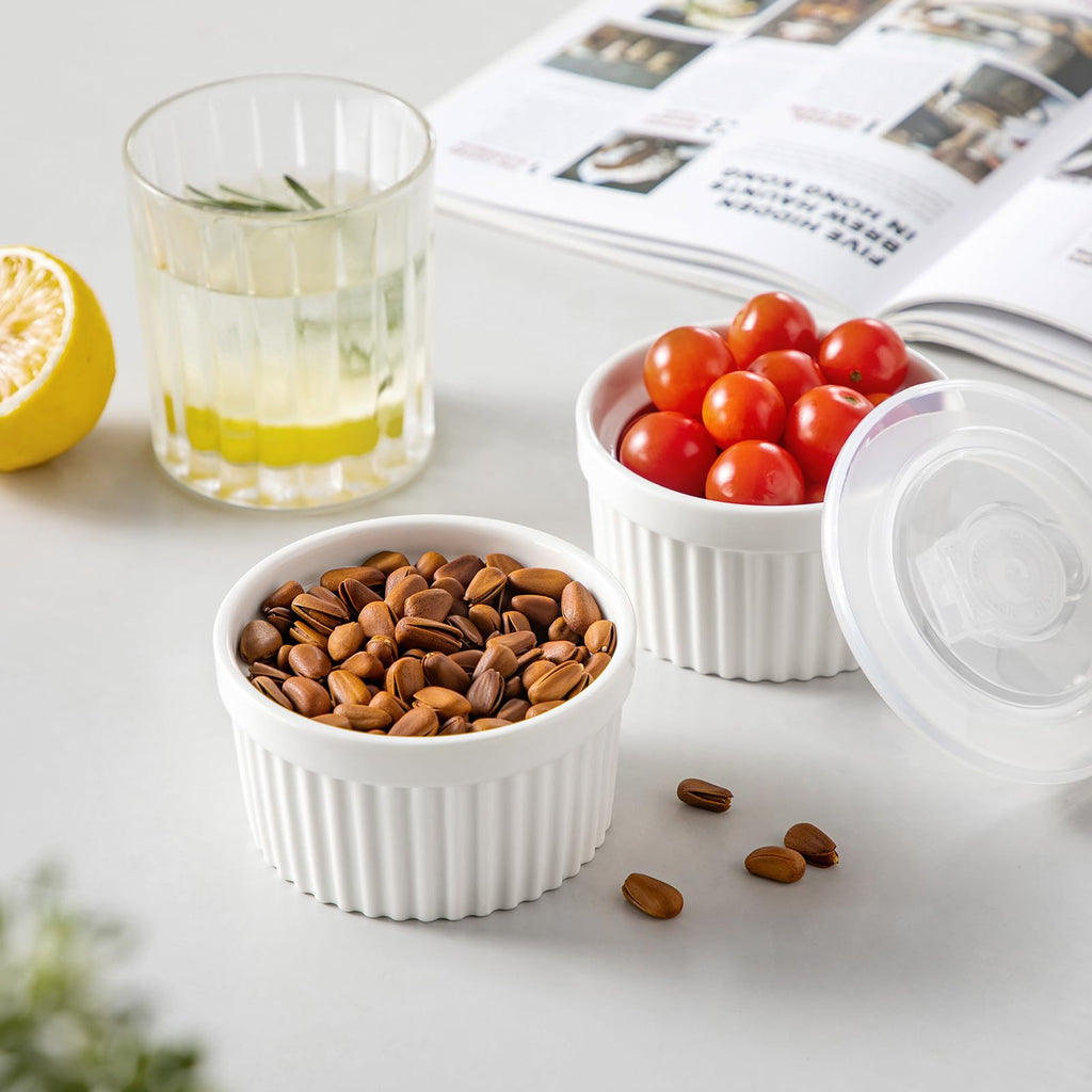 8 oz with Lid, Porcelain Creme Brulee Souffle Dishes, White Pudding Custard Cups Ramiken for Baking, Dishwasher and