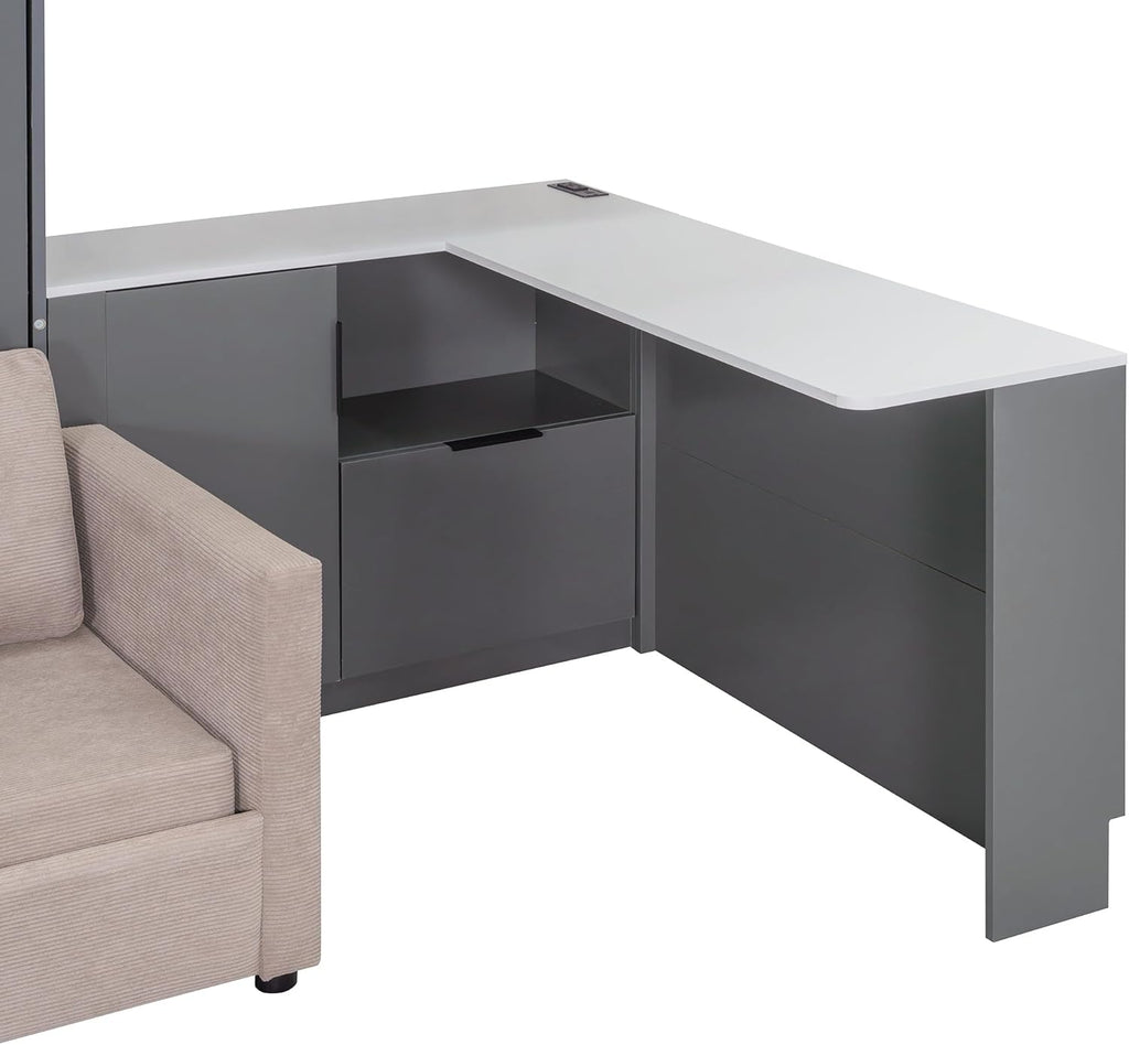 Queen Murphy Bed with Hydraulic System and L-Shaped Office Desk, Multifunctional Foldable Wall Bed Frame with Storage