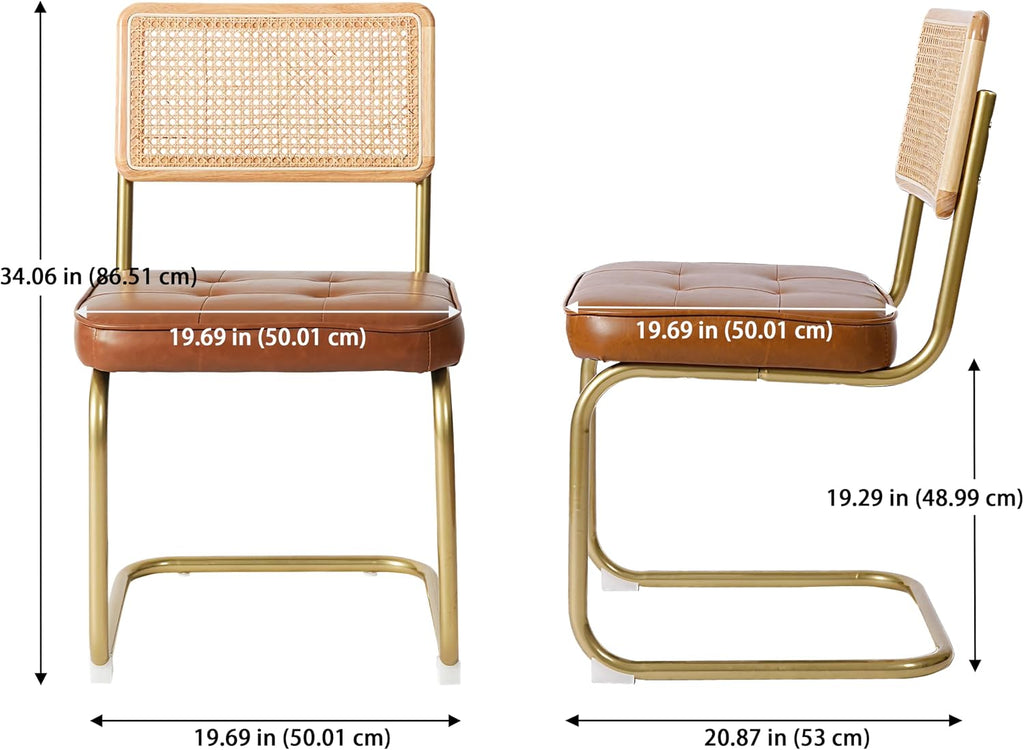 Natural Rattan Dining Chairs Set of 2, Upholstered Faux Leather Kitchen Chairs, Modern Dining Room Chairs with Solid