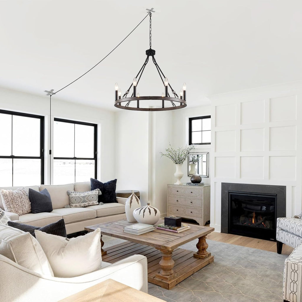Plug in Chandelier Wagon Wheel, 8 Light 23.6'' Round Farmhouse Hanging Light with Plug in Cord