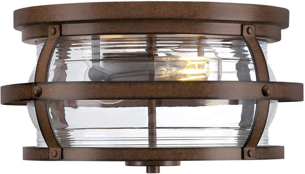 Weatherby 14 Inch Rustic/Arts & Crafts Two-Light Outdoor Flush Mount Ceiling Light, Barnwood Finish, Clear Glass, bronze