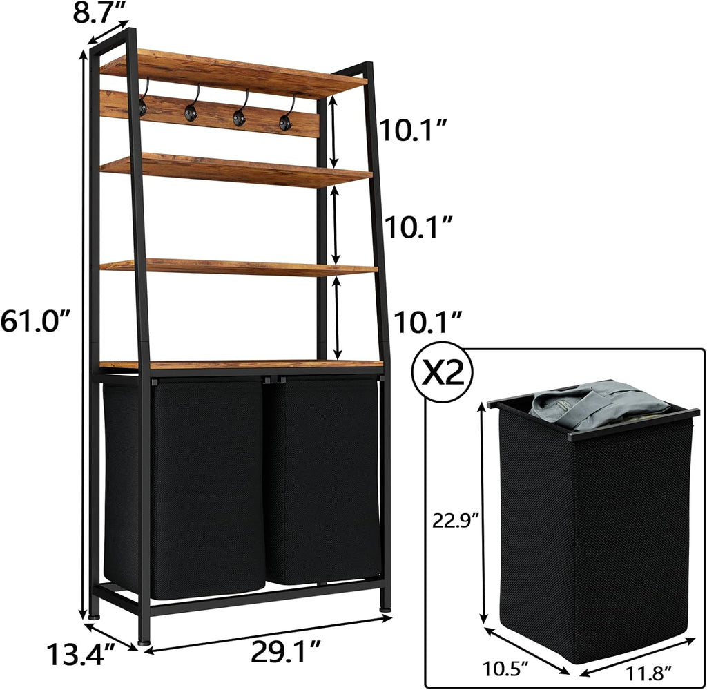 Laundry Hamper with Shelf, Tall Laundry Basket Clothes Hampers | 4 Tiers Storage Shelf and Hooks, Double Clothes