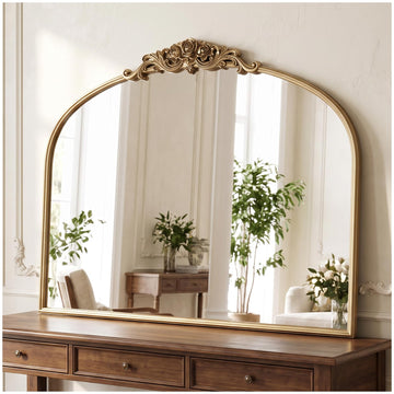 40"x30" Vintage Gold Mirror, Large Arched Baroque Wall Mirror