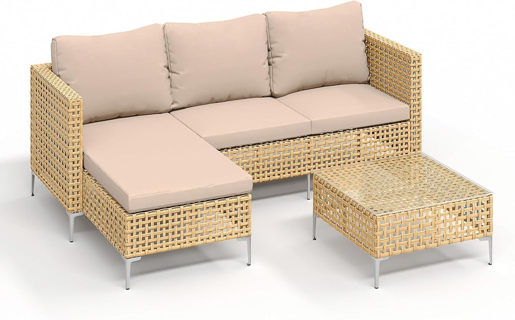 Small L-Shaped Patio Furniture Set - Weather Resistant Wicker Sectional Chaise Sofa with Thick Cushions & Tempered