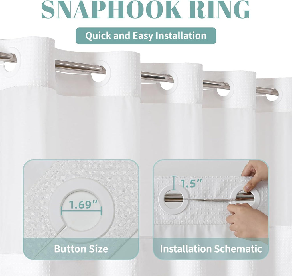 No Hook Waffle Shower Curtain with Snap-in Liner, 71x74 Inch, White | 230 GSM waffle weave fabric, waterproof liner