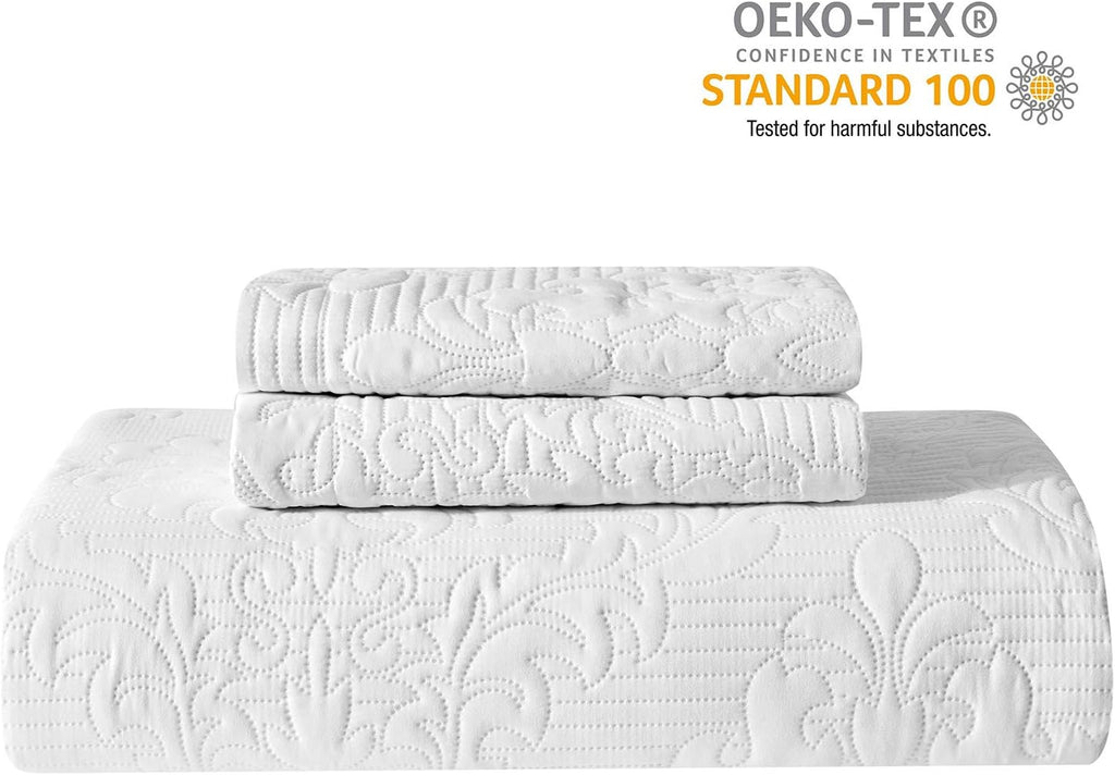 White Quilt - Ultrasonic Summer Bedspread, Soft Lightweight Coverlet Bedding Set, 3 Pieces (1 Quilt, 2 Pillowcases)
