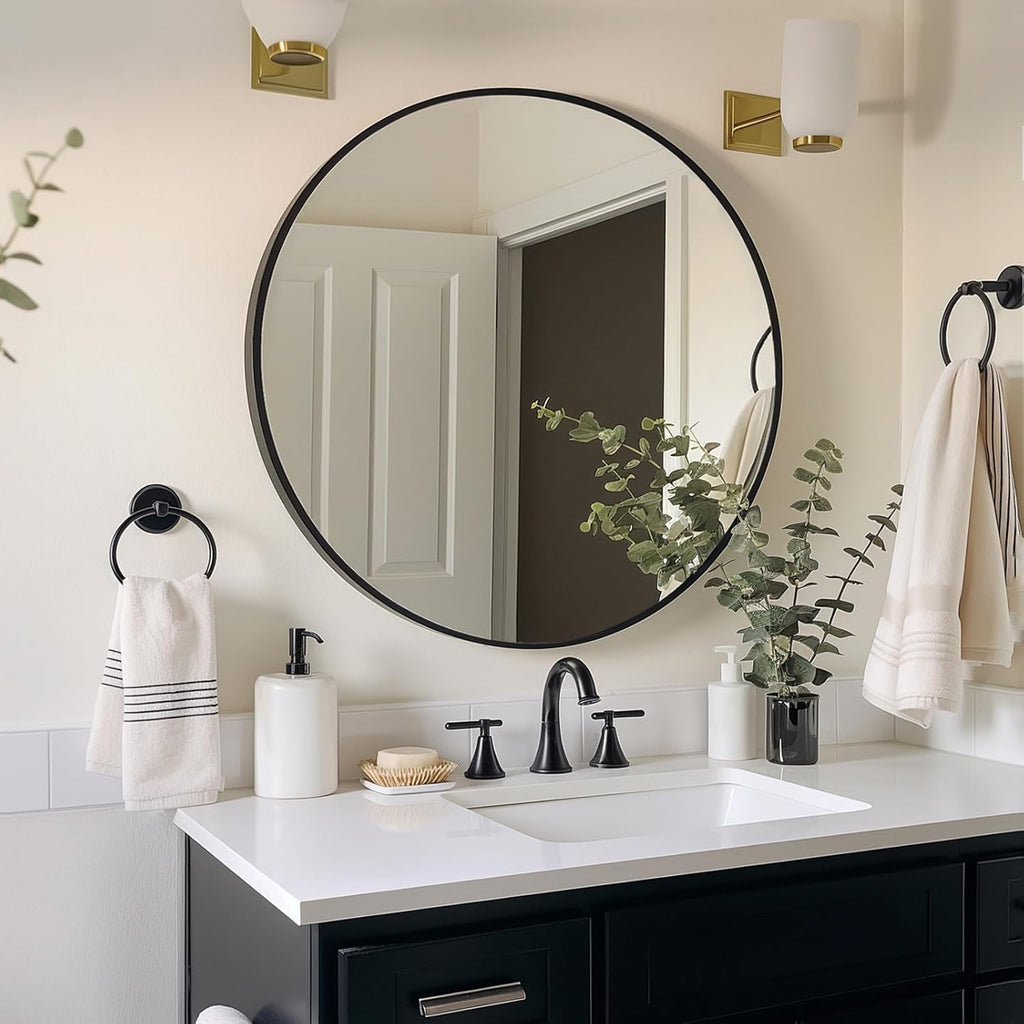 Black Round Mirror, Round Mirror 24 inch, Black Circle Mirrors Matte Metal Frame, Wall Mounted Mirrors , Wall, Entryway.