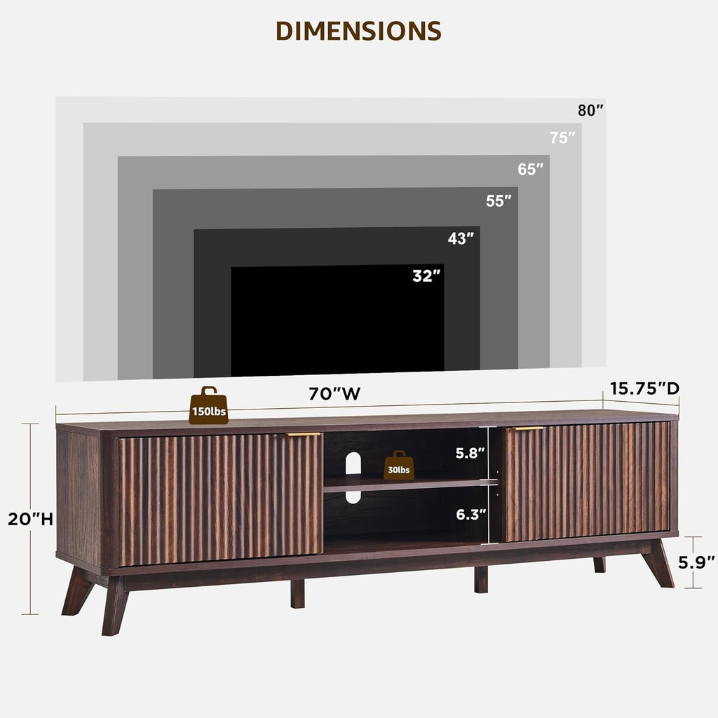 70" Mid Century Modern Fluted TV Stand, Entertainment Center, Sideboard, Media Console for Living Room with 2 Soft