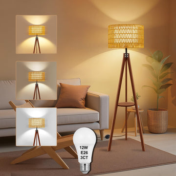 Rattan Wood Floor Lamp Tripod with Shelves, Mid Century Modern Floor Lamps, 3 Color Temperatures wit