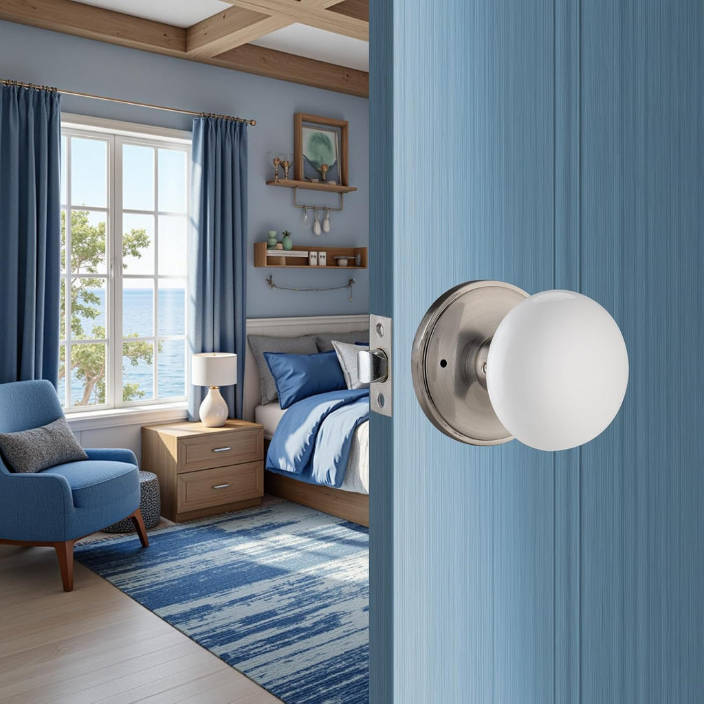 White Door Knobs, Porcelain Round Door Handle with Satin Nickel Plate