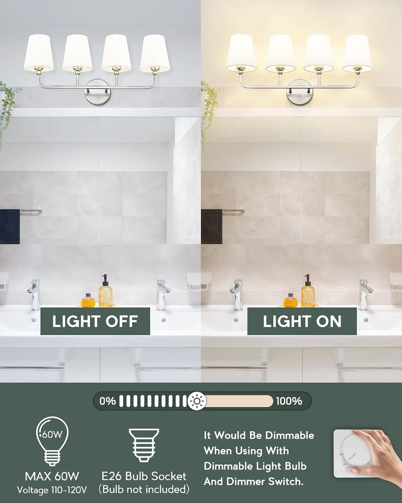 4-Light Brushed Nickel Bathroom Vanity Light, White Fabric Shades | Ideal for 32-42" mirrors, 28" bathroom light