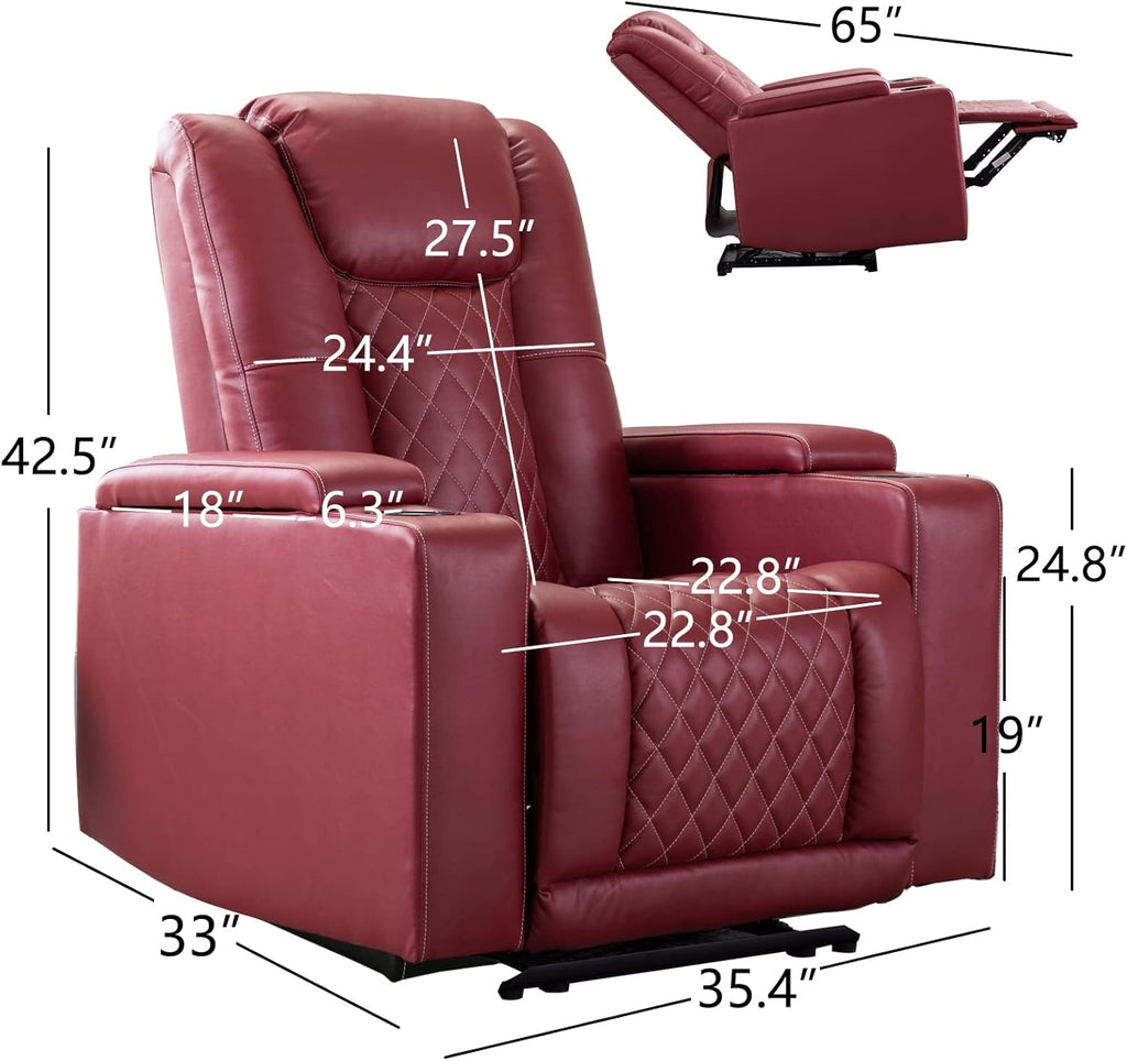 Electric Power Recliner Chair Soft Leather Reclining with USB Ports and Cup Holders, Red Home Theater Seating with Hidden Arm Storage Movie & Media Room Chairs