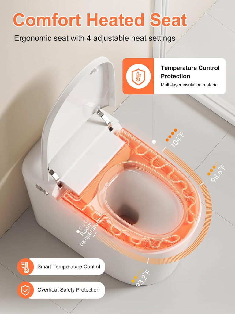 Smart Toilet with ADA Comfort Height Heated Seat, Night Light, Tankless Auto Flush, Foot Sensor Operation, Modern Elongated One-Piece Design