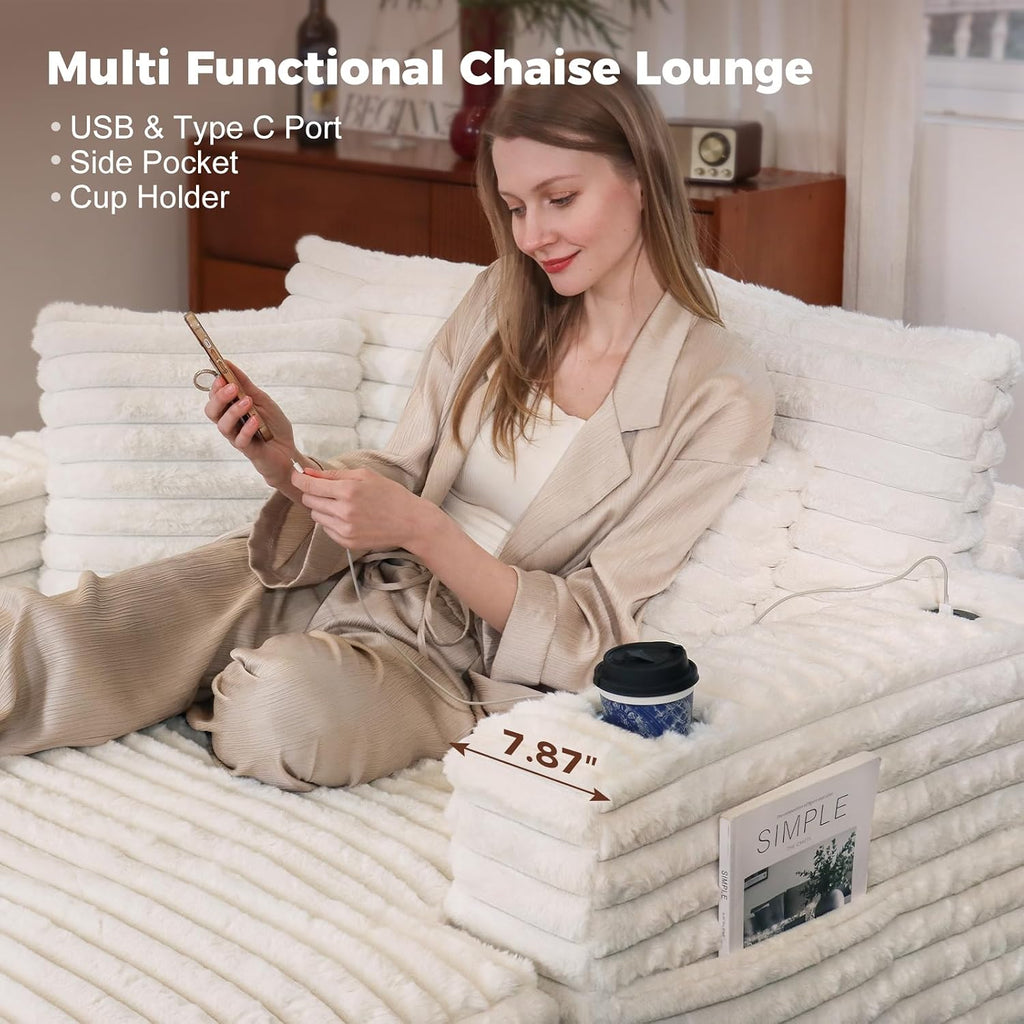 60" Oversized Chaise Lounge Chair with Wood Frame, USB Charging Port, Beige | Comfy Plush Faux Fur, 2 Cup Holders & 3