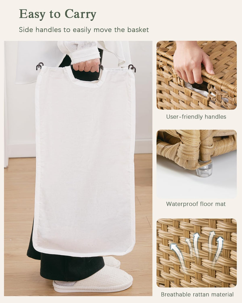 Laundry Hamper with Lid Laundry Basket 132 L PE Rattan Natural | Decorative PE Rattan Furniture Look , Large Sorting