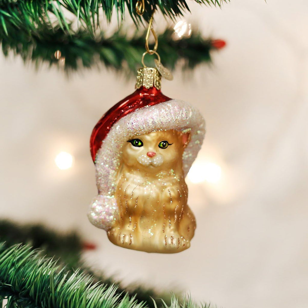 Santa's Kitten Glass Blown Ornament, Handcrafted Holiday Decoration, Santa Collection