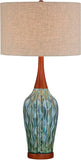 Rocco Mid Century Modern Table Lamp 30" Tall Ceramic Blue Teal Glaze Wood Handmade Linen Drum Shade Cottage Core Decor
