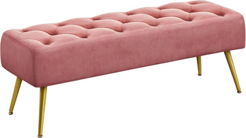45in Velvet Ottoman Bench End of Bed, Pink | Tufted Upholstered Bench Seat, Bed Bench with Tapered Gold Metal Legs