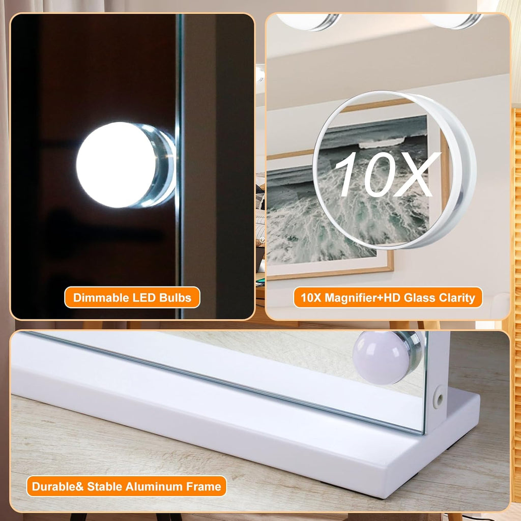 Vanity Mirror with Lights, Hollywood Lighted Makeup Mirror with 15 Dimmable Bulbs and 10X Magnification, 3 Colors