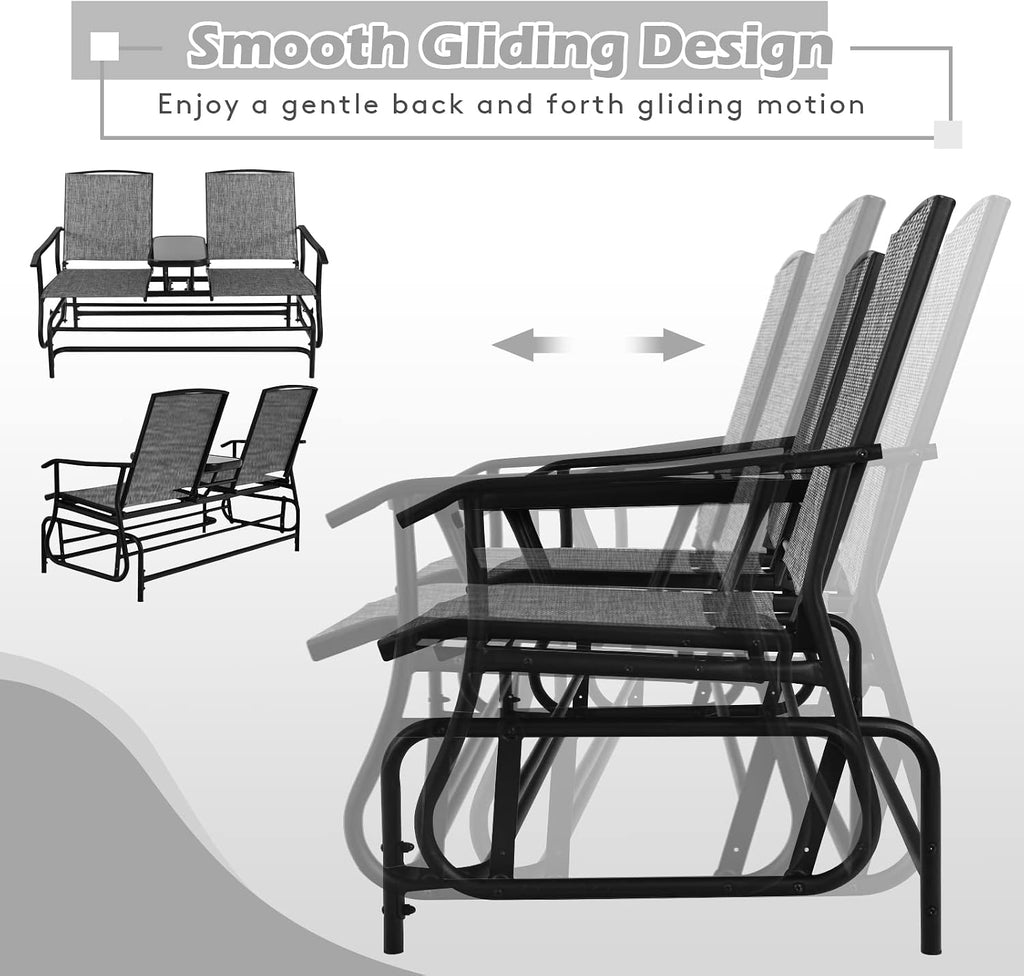 2 Person Outdoor Glider Bench w/Tempered Glass Table, Swing Patio Glider Chair with Steel Frame & Breathable Seat