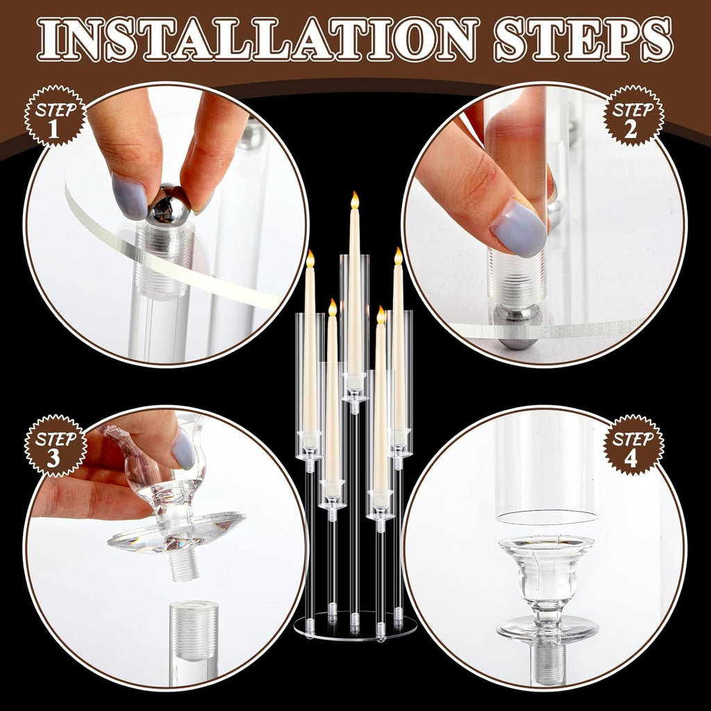 4 Pcs Acrylic Candelabra Centerpieces Candle Holder Crystal 5 Arm Candlesticks Holder with Acrylic Shade Pillar Taper