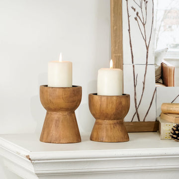 Farmhouse Wooden Pillar Candle Holders Set of 2, Mantel Decor | Rustic Brown Solid Wood Candle Pedestal, Decorative