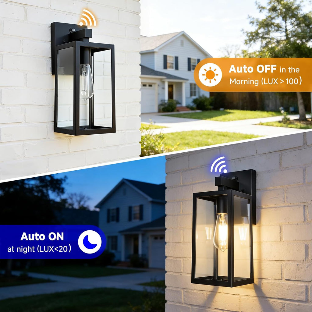 Dusk to Dawn Sensor Outdoor Wall Sconce, Exterior Porch Lantern Fixture with E26 Socket & Glass Shade