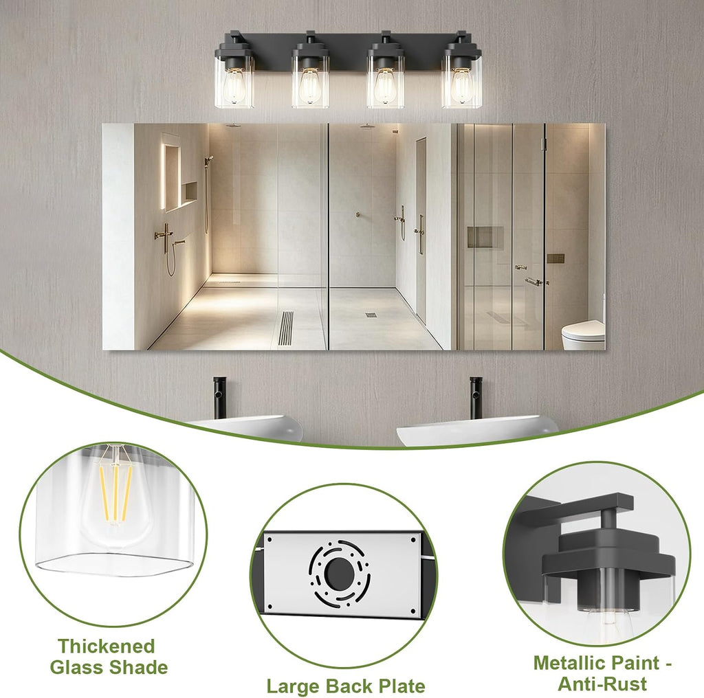 Black Bathroom Light Fixtures, 4 Lights Bathroom Lighting Fixtures Over Mirror, Square Design & Rectangle Large