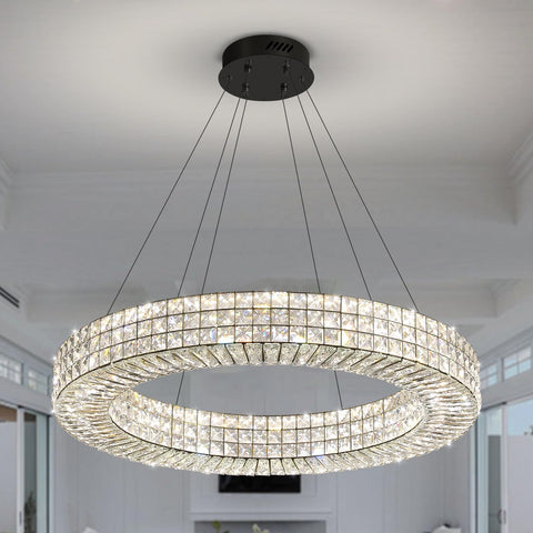 Dia 32" Ring Crystal Chandelier Modern Black Ring Chandelier Adjustable Height Luxury Crystal Pendant Ceiling Light Fixture for Dining Living Room Bedroom A122-B0CJ57RZ1K