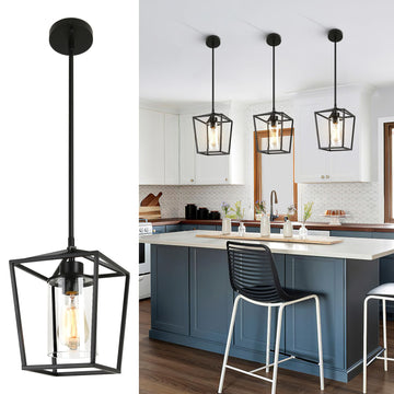 3 Pack Black Pendant Lights Island, 1-Light Farmhouse Metal Pendant Light Cage Kitchen Hanging Light Fixtures