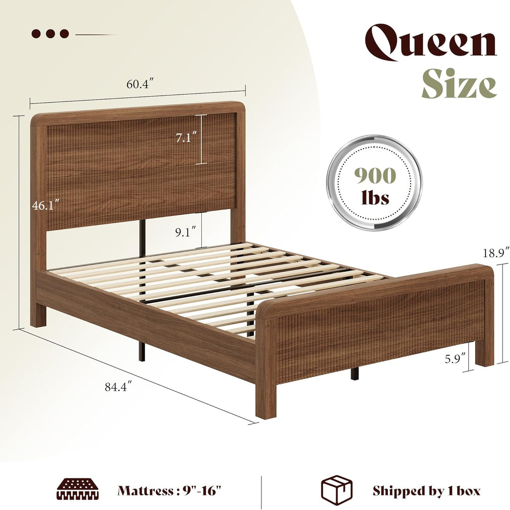 Wood Queen Bed Frame with Headboard & Footboard, Modern Fluted Wooden Platform Bedframe, Easy Assembly, Brown