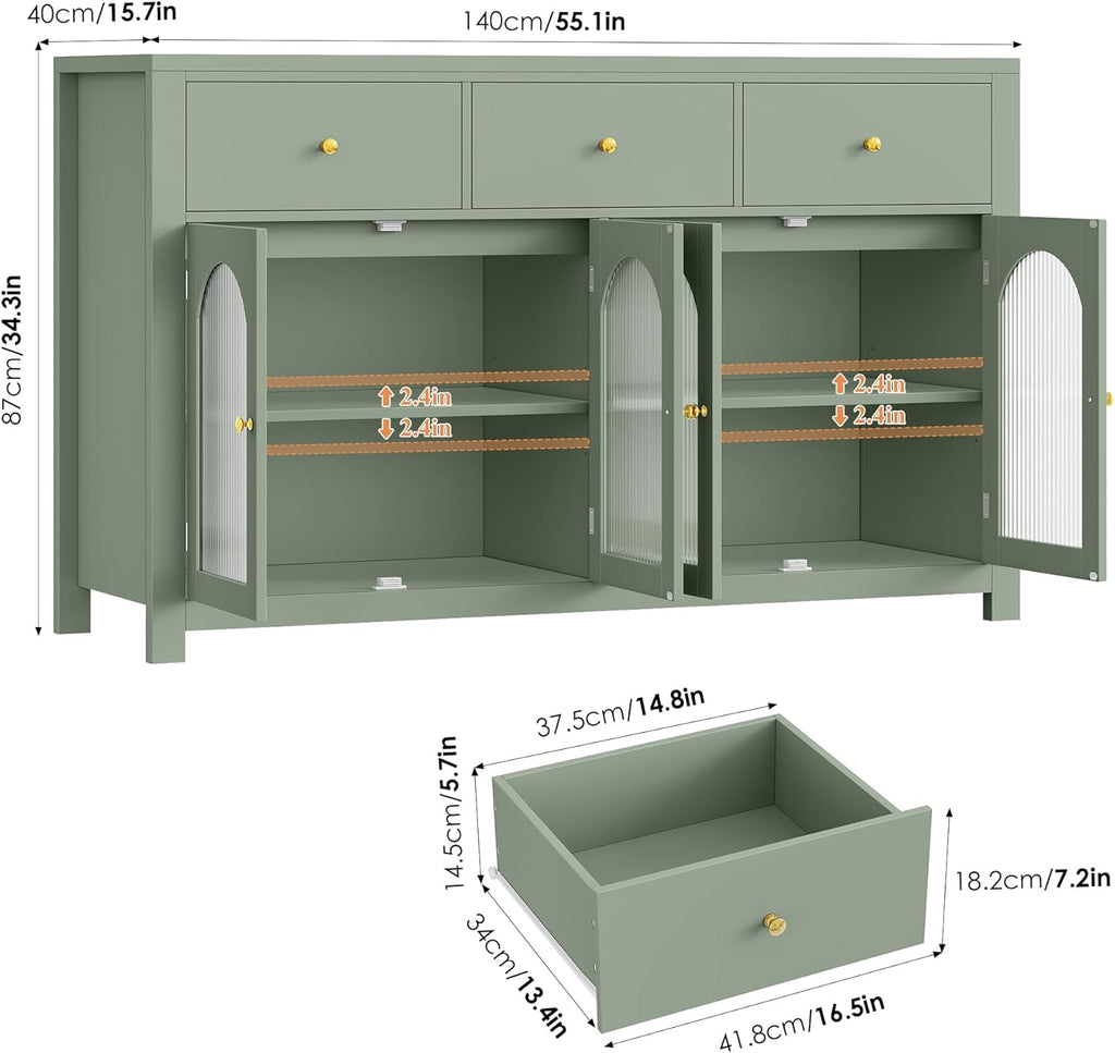 Buffet Cabinet with Storage, 55.1" Large Sideboard Buffet, Farmhouse Kitchen Cabinet with 3 Drawers and 4 Doors